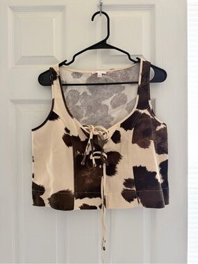 Cow Print Lace-Up Crop Tank Top - Cream & Brown